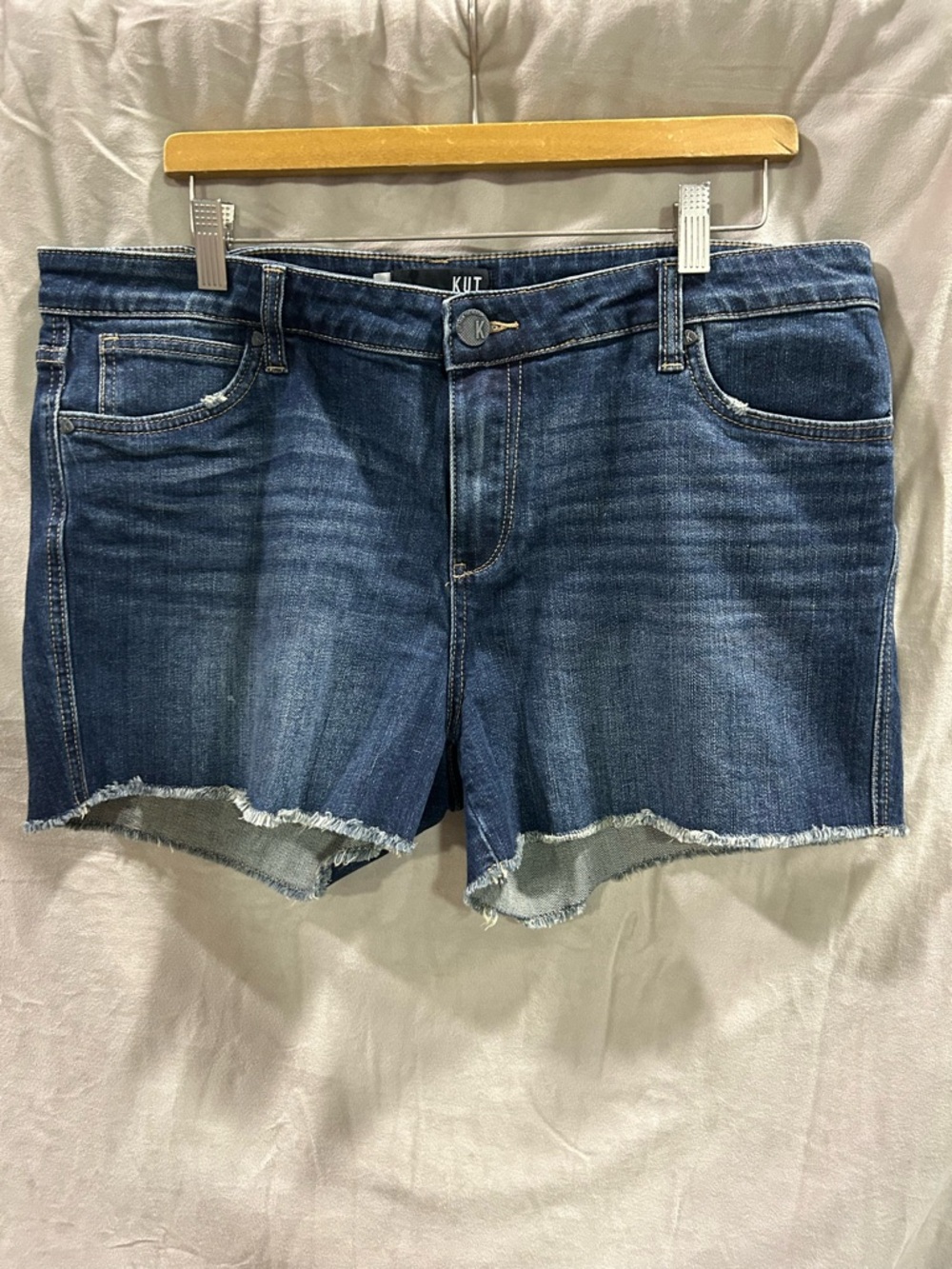 Kut from the Kloth Medium Wash Distressed Hem Denim Shorts